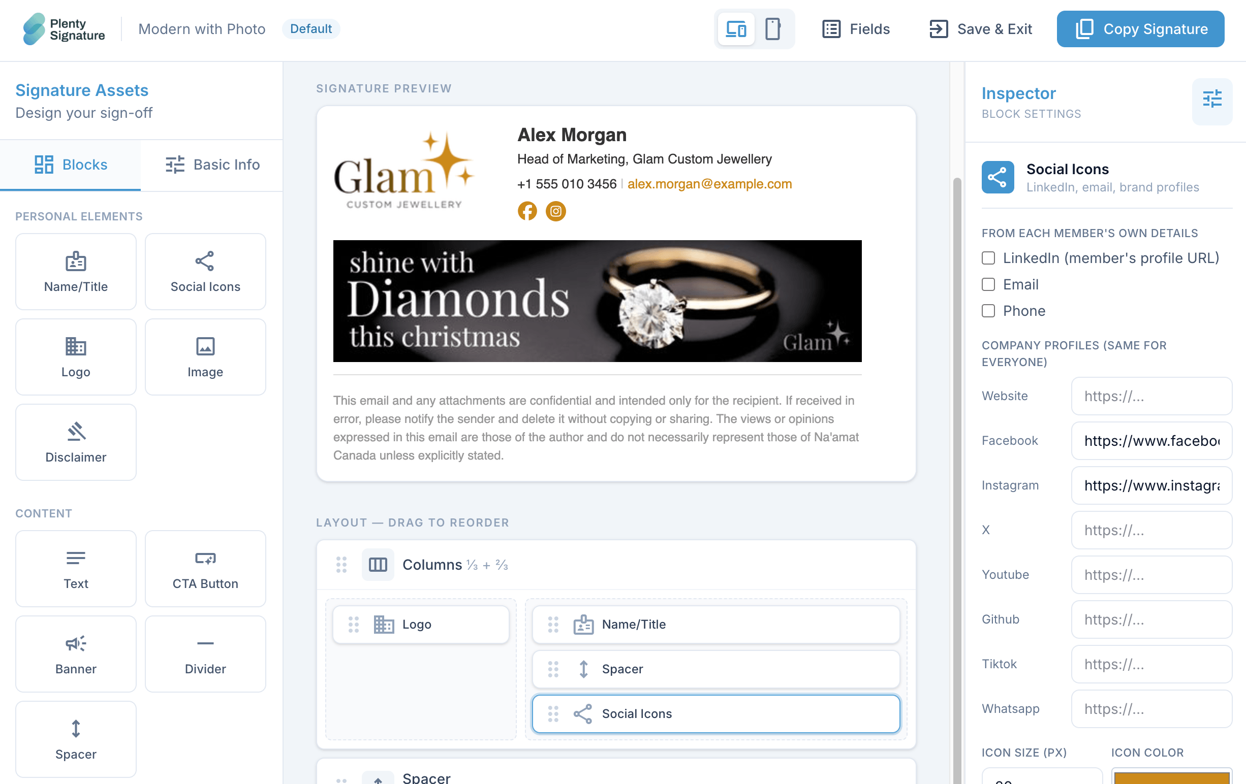 The Plenty Signature drag-and-drop builder